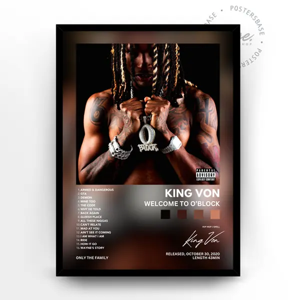 King Von 'Welcome to O'Block' Tracklist Album Cover Poster, Print Wall Art