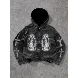 Men’s regular-fit zip-up hoodie with cross print; casual long-sleeve hooded jacket for daily wear; fashionable men’s clothing for all seasons; cotton; graphic menswear; casual streetwear looks