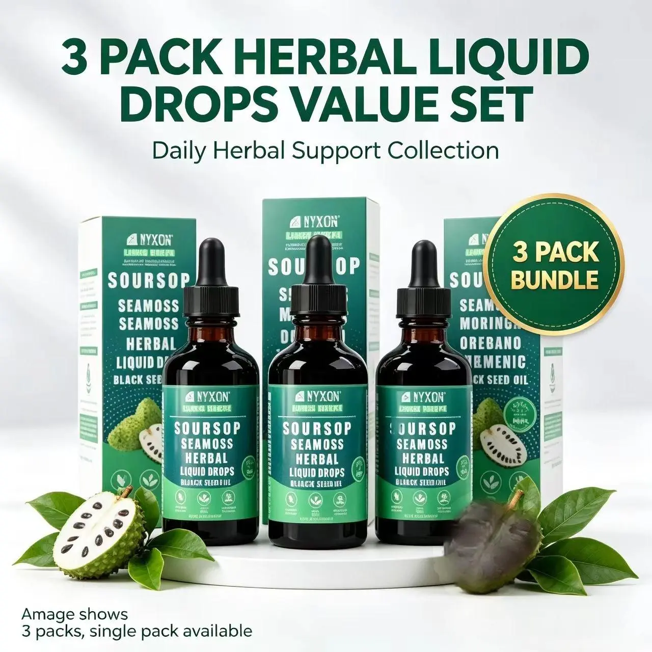 【3 pack】VYXION Pure Soursop 10 in 1 Liquid Drops Extract - Seamoss,Moringa,Black Seed Oil,Turmeric,Oregano Liquid Drops for Immune System and Gut Health Support