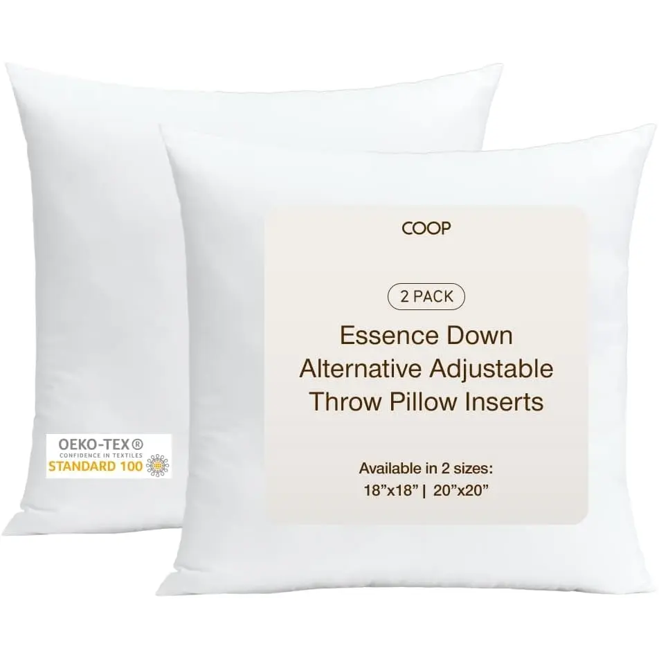 COOP Sleep Goods Essence Adjustable Throw Pillow Inserts (2 Pack) – Down Alternative Phluff Fill, Add/Remove for Custom Loft & Firmness, Decorative Square Cushions for Couch, Bed & Living Room, Machine Washable, OEKO-TEX Certified, 18x18 & 20x20