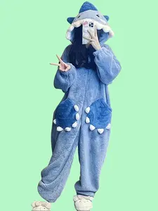 Women's Cute Cartoon Shark Hoodie Dress Unicorn Design Winter Fitted Onesie for Christmas Party Casual Pajamas Machine Washable Polyester