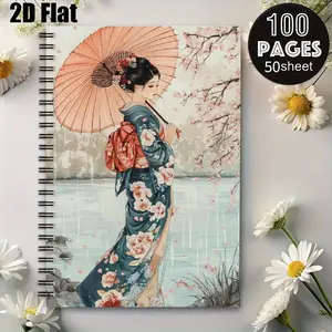 1 Japanese Geisha Cherry Blossom Spiral Notebook, 5.7x8.26 Inch, Durable Coil Binding, Perfect for Daily Journaling, Travel Notes, Art Sketching, Great Gift for Stationery Lovers on Birthdays, Christmas, Back to School Season [2D] Flat