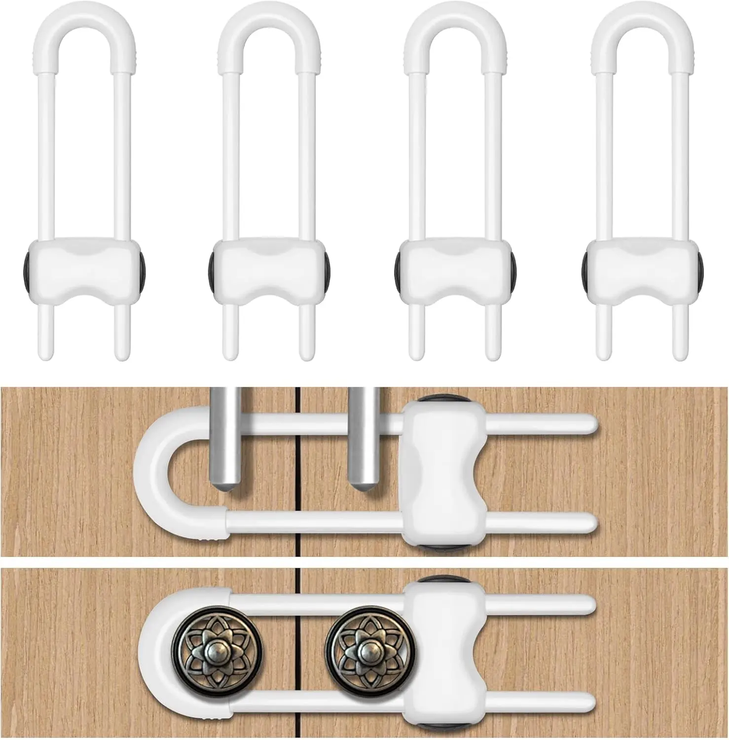 Baby Proof Cabinet Locks 4 Pack, U-Shaped Child Safety Cabinet Locks, Adjustable Child Proof Cabinet Locks for Cabinets & Drawers, No Drill Baby Cabinet Locks for Kitchen, Bathroom & Closet