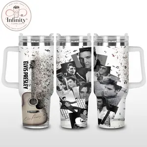 Elvis Presley Music Legend 40oz Tumbler With Handle, Stainless Steel Insulated Travel Cup, Vintage Guitar Photo Collage Drinkware, Rock And Roll Fan Cup Gift For Everyday Use
