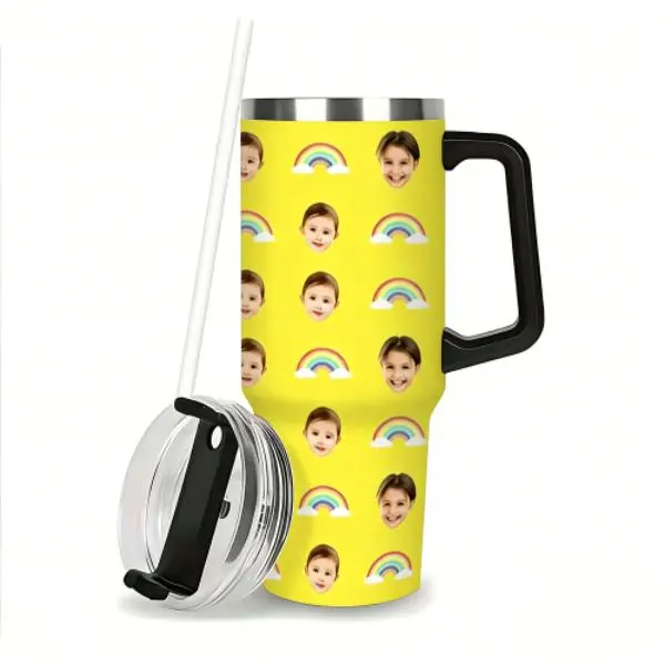 40oz Stainless Steel Custom Face Portrait Leakproof Vacuum Flask - Personalized Baby Photo Travel Tumbler with Straw, Drink-Friendly backtoschool Gift for Kids