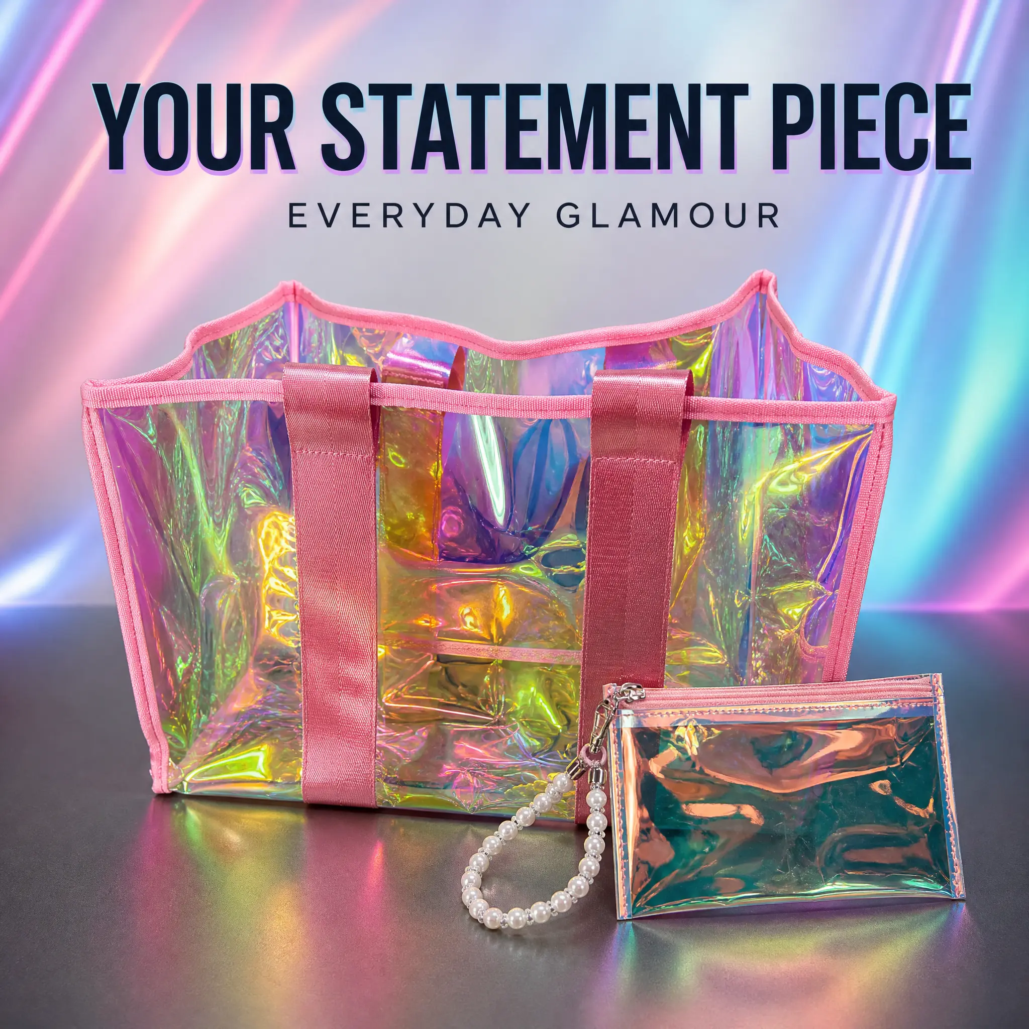 Aesthetic Pink Holographic Tote Bag with Pearl Chain Coin Purse, Large Iridescent Clear Travel Bag for Women, Waterproof Pastel Beach & Festival Bag Organizer