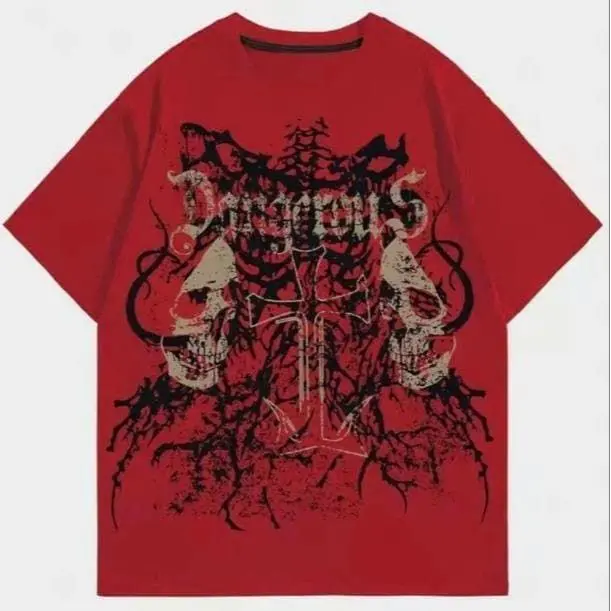 Dangerous Gothic Skull Cross Graphic Tee Grunge Streetwear Red T-Shirt