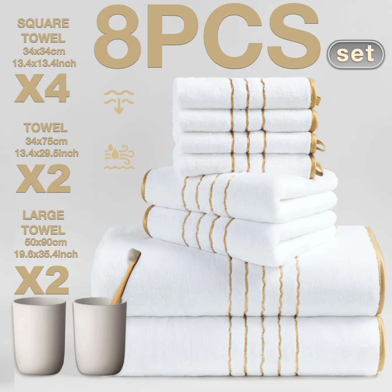 8-Piece Gold Trim Bath Towel Set, Quick-Dry Absorbent Microfiber, Includes Hand Towels & Face Cloths, Ideal for Home, Hotel, School Use, Quick Drying Towels