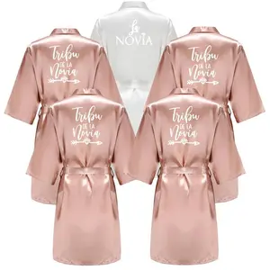 Women La Novia Spain Inscriptions Team Bride Wedding Kimono Satin Pajamas Bridesmaid Bathrobe Bachelorette Hen Party Robe