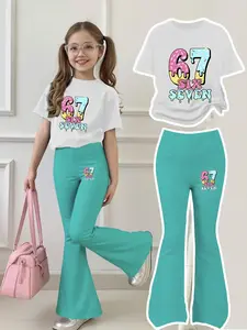 Girls' Casual Short Sleeve & Bell Bottoms Set, Sweet Fun Design, Round Neck, Breathable, Outdoor Wear, All Seasons, Cartoon Pattern, Flare Leg Pants, Children