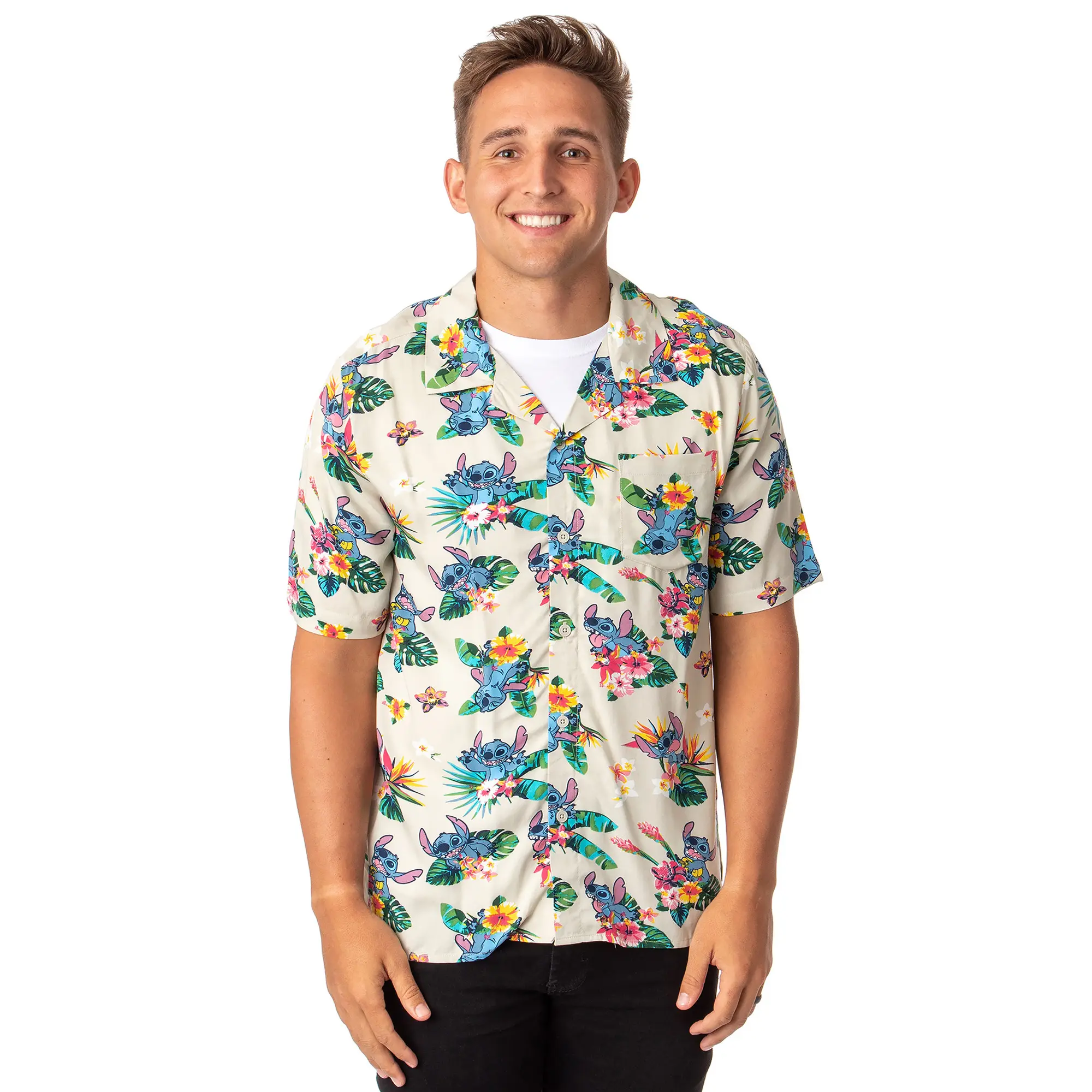 Disney Lilo And Stitch Men's Stitch Tropical Hawaiian Button Up Shirt, Shortsleeve, Alien