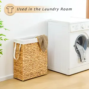 Slim Laundry Hamper, 75L Handwoven Natural Water Hyacinth Basket and Handles, Narrow Laundry Basket with Removable Liner Bag & 2 Mesh Bags summervibes