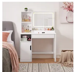 Left Vanity Table with Lighted Mirror and Storage, White Finish