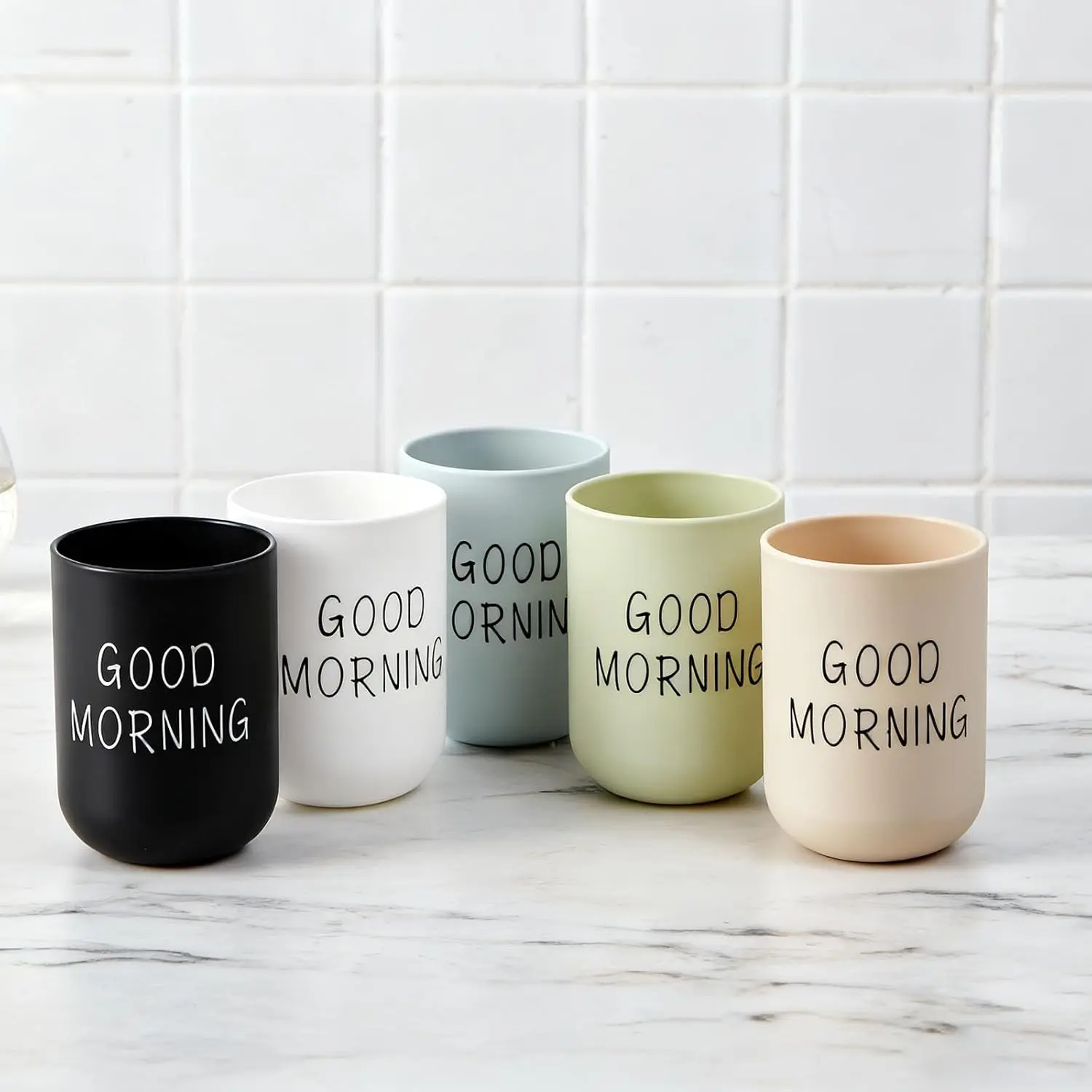 5PCS Bathroom Tumblers Set - Durable Unbreakable Eco-Friendly Plastic Toothbrush Holders with Smooth Edges, Reusable Good Morning Water/Coffee Cups for Bathroom Home Supplies