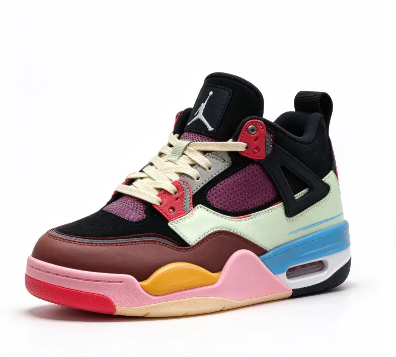 Retro Mid Basketball Sneakers, Mixed Material Patchwork Upper, Breathable Mesh Side, Shock Absorbing Air Cushion, Non-slip Colorful Outsole for Daily Wear