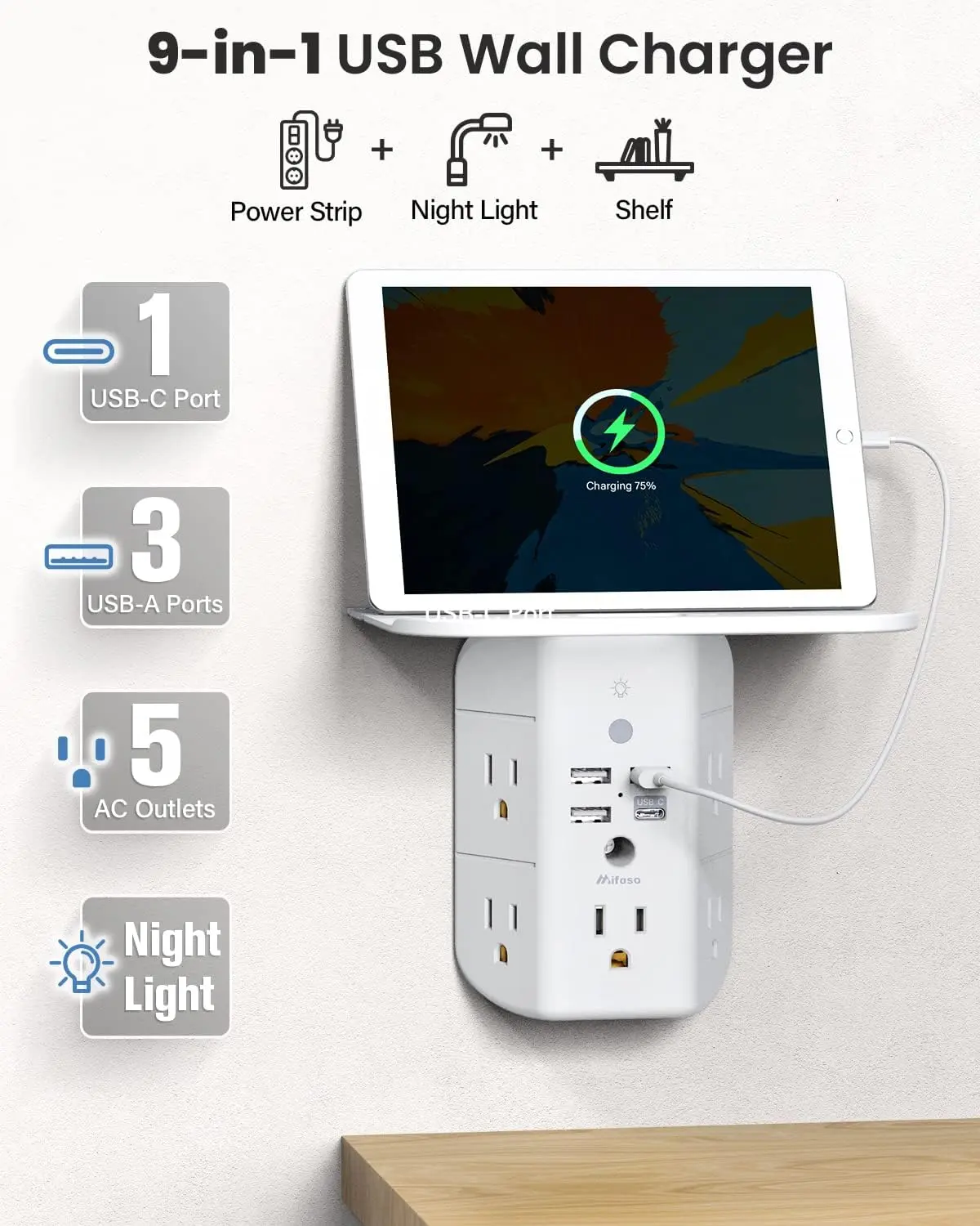 Wall Outlet Extender with Shelf and Night Light, Surge Protector, Wall Mount Charger Multi Plug Expander with 5 AC Outlets and 3 USB A Ports 1 USB C, Wide Space 3-Sided Power Strip Multi Plug Outlets