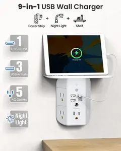 Wall Outlet Extender with Shelf and Night Light, Surge Protector, Wall Mount Charger Multi Plug Expander with 5 AC Outlets and 3 USB A Ports 1 USB C, Wide Space 3-Sided Power Strip Multi Plug Outlets