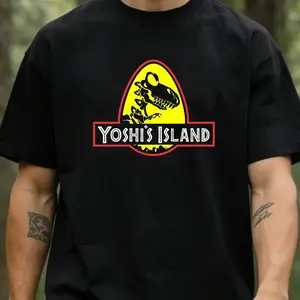 Black Unisex T- Shirt, Made of 100% Pure Cotton, Weighing 7.76 oz, Featuring the Iconic Yoshi's Island Logo, Perfect for Casual Wear with Jeans, Showcasing Personality, and Ideal as a Gift for.png