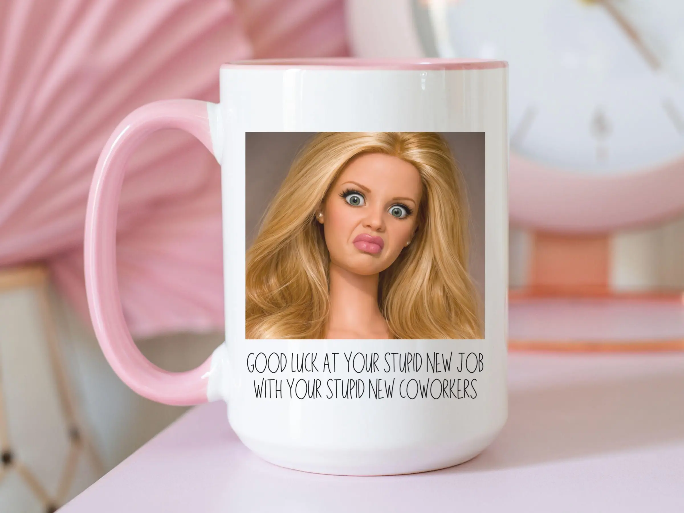 Coworker Leaving Mug, Good Luck At Your Stupid New Job, Funny Unhinged Doll Coworker Leaving Gift, Disgusted Doll Face Farewell