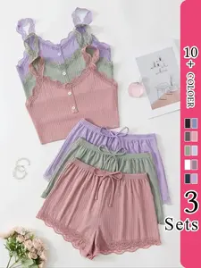 Women's 3 Set Plain Contrast Lace Buttons Sleeveless Cami Top & Drawstring Waist Shorts Pj Set, Basic Womenswear Pajamas, Casual Comfy Loungewear Pajamas Set for Homewear, Pj Sets, Women's Sleepwear Clothes