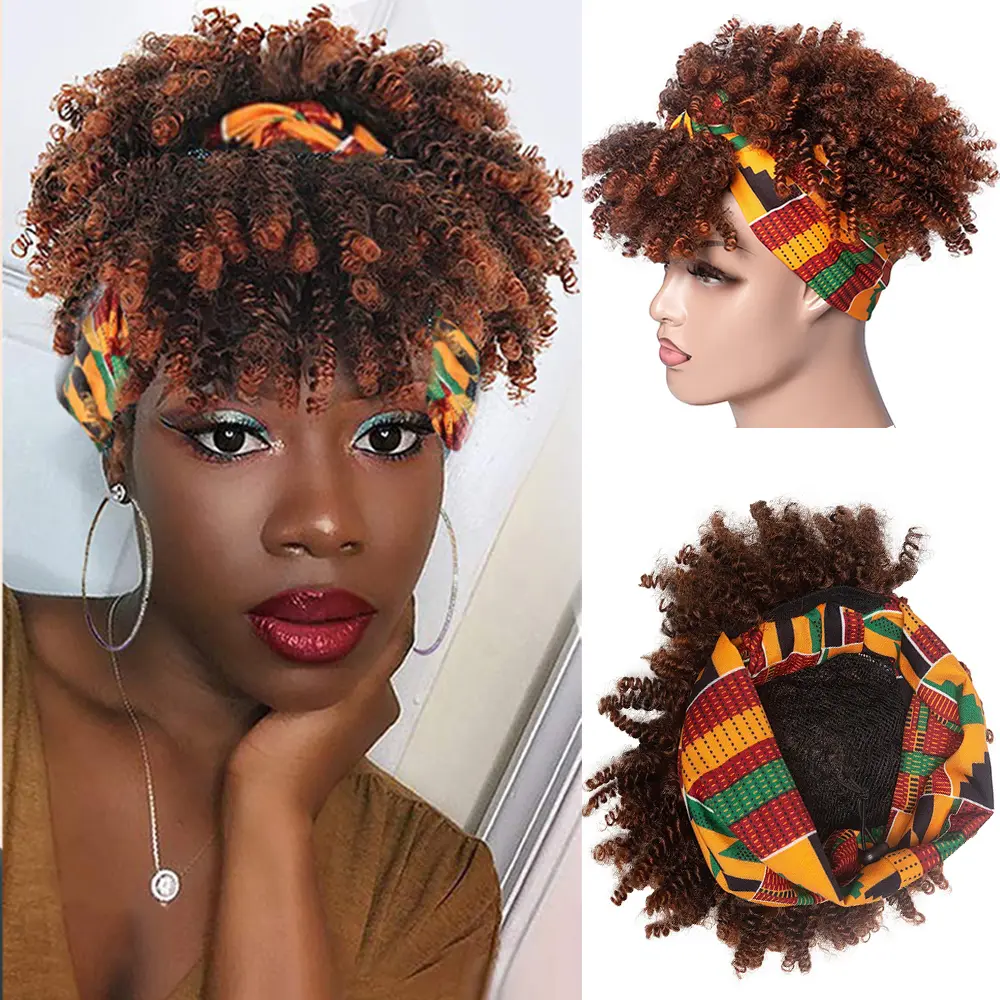 Short Tight Curl Headscarf Wig Synthetic Fiber Voluminous Afro Curls 8-inch High Curls with Attached Headscarf Scarf Wig For Women