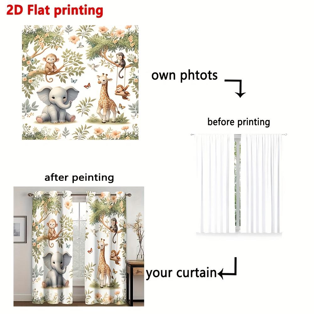 2D Flat Printed Animal Curtains 2 Panels, Cute Jungle Elephant Giraffe Monkey Print Window Drapes, Light Filtering Home Decor for Living Room Bedroom