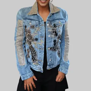 Missey & Daff Black Floral Embellished Denim Jacket with Gold Thread Sequin Bead Appliqué Hand Embellished Fitted Long Sleeve All Seasons Top