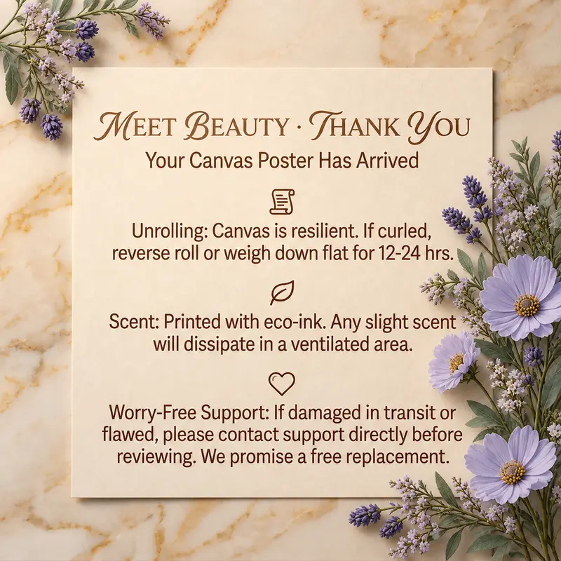 Elegant Canvas Art Maintenance Care Tips Cards - Compact Gift-Ready Note Inserts with Minimalist Design for Home Decor Posters & Prints Packaging, Thank You Cards for Thoughtful Touch