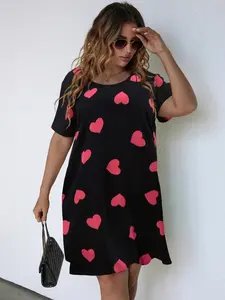 [Plus Size] Heart Print Round Neck Tee Dress, Casual Short Sleeve Crew Neck Boho Chic Dress for Summer, Women's Plus Clothing for Daily Wear, Casual Loose Dress, casual dresses, Womenswear