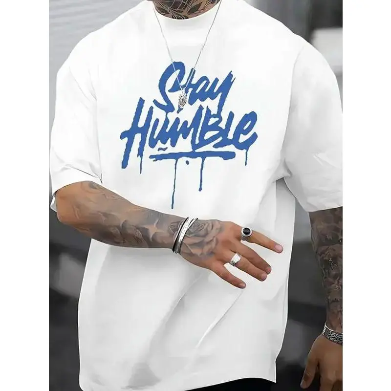 Men's Cotton Short-Sleeve Round Neck Loose Streetwear Tee - Blue Dripping Letter Graphic, Casual Summer Top, Machine Washable Relaxed Fit for Teens (Sports & Outdoor Apparel), Shortsleeve, Tshirt