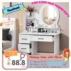 Springtok Small compact  for children Makeup Desk with Mirror,Small  Vanity Desk with Storage Shelves, 4 Drawers, Makeup Vanity Table with Light, Bedroom Dressing Tab