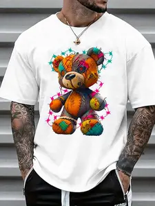 Men's Cartoon Bear Print Round Neck Tee, Regular Fit Casual Graphic Design Fashion Short Sleeve T-shirt for Summer, Men's Top for Daily Wear, Casual Streetwear Tops