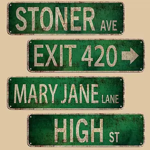 4pcs Street Sign Set, 420 Exit/library/mary Jane Alley/adhd Avenue Signs, Room Decor, Signage, Dual-Sided Printed Vintage Garage Decoration