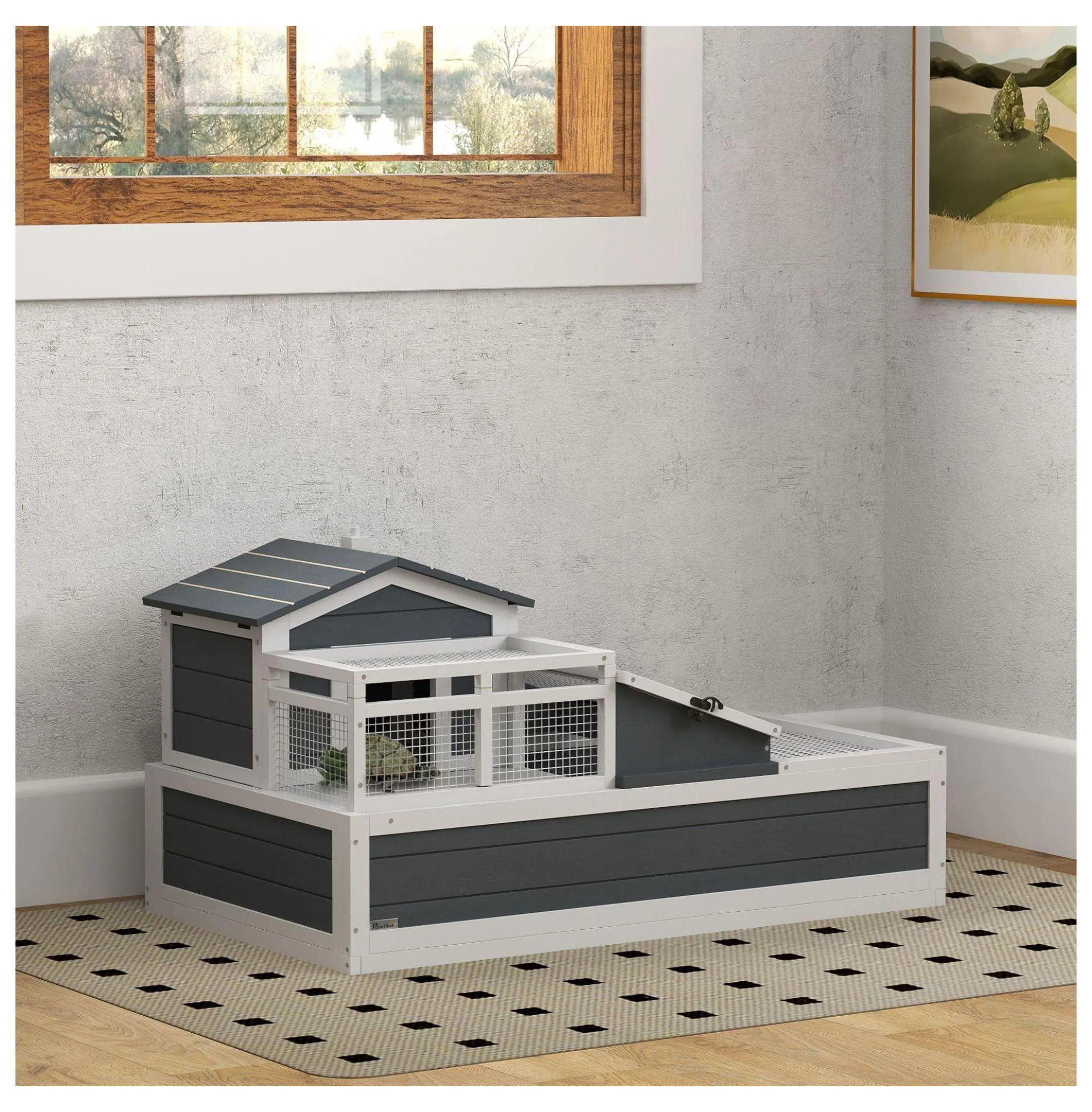 Large Spacious Wooden Gray House-Shaped Tortoise Cage, 44" x 25.5" x 23.3" 3-Room 2-Story Habitat with Balcony, Coated Walls, Mesh Roofing, Openable Top Indoor Reptile Enclosure with Plastic Tray, Coated Wooden Walls