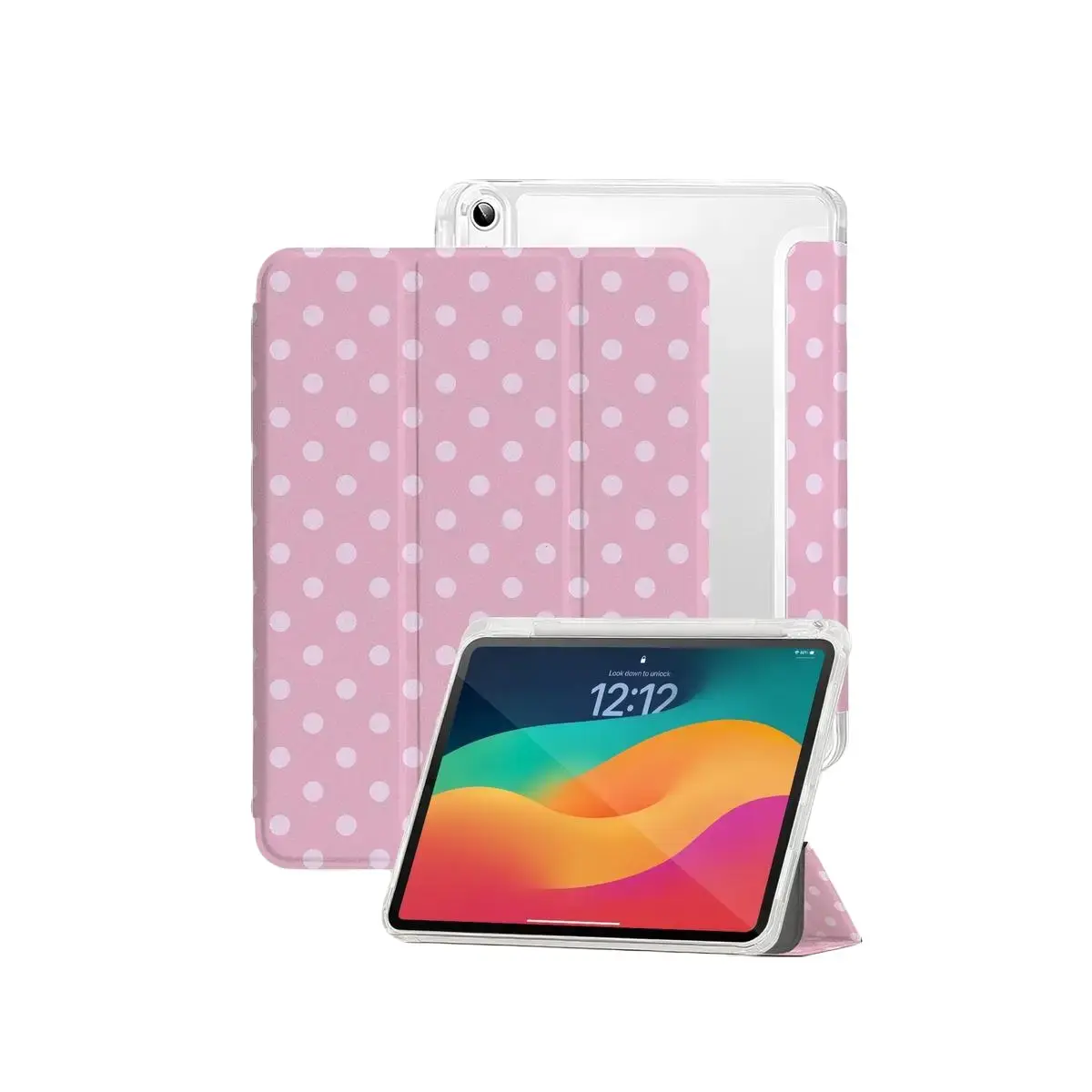 Pink polka dot pattern tablet case (9th/10th/11th generation, Air 11inch /A16, autumn model) with PU flip cover + TPU soft shell, stand, pen slot, shockproof, auto wake/sleep, back-to-school gift, compatible with Pro12.9/11/10.9(2025/2024), 10.9/10.5, 8.3
