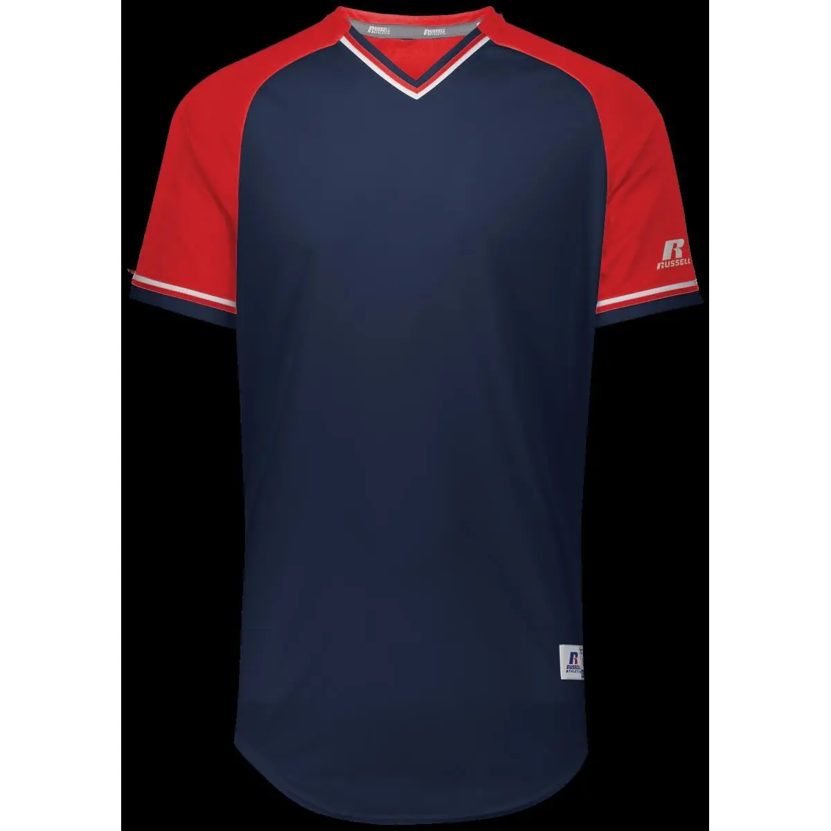 Russell R01X3B.04R.M Youth Double Knit Retro Style V-Neck Baseball & Softball Jersey - Navy, True Red & White, Polyester, Fade Resistant, Contrast Color Back Yoke, Outside Locker Label, Medium, Retro Jersey Style, Contoured