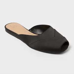 Women's Trina Satin Peep Toe Mule Flats - A New Day Black 5: Slip-On, Cushioned Insole, Textured Outsole, Round Open Toe