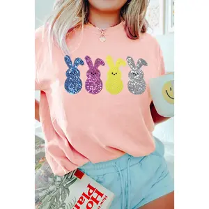 Sequin Bunny Round Neck Short Sleeve T-Shirt