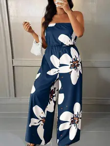 Plus Size Women's Strapless Floral Wide Leg Jumpsuit, Casual Summer, Faux Waist Design, Comfortable and Stylish