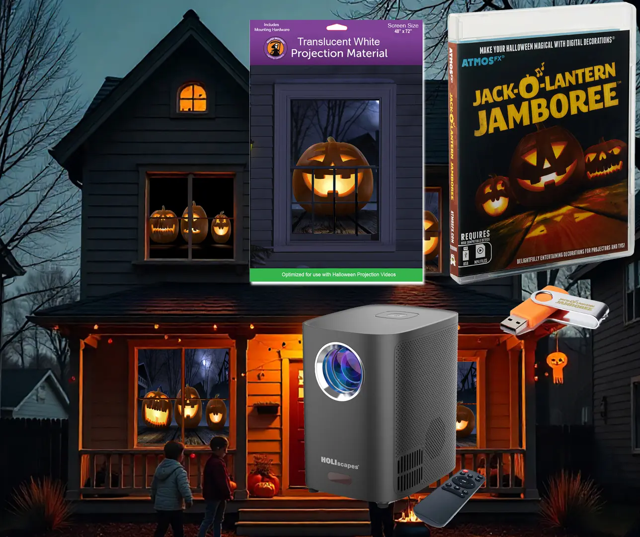 AtmosFx Jack-Lantern Jamboree USB + HD Projector + 48" x 72" White Holographic Screen for Halloween Projection