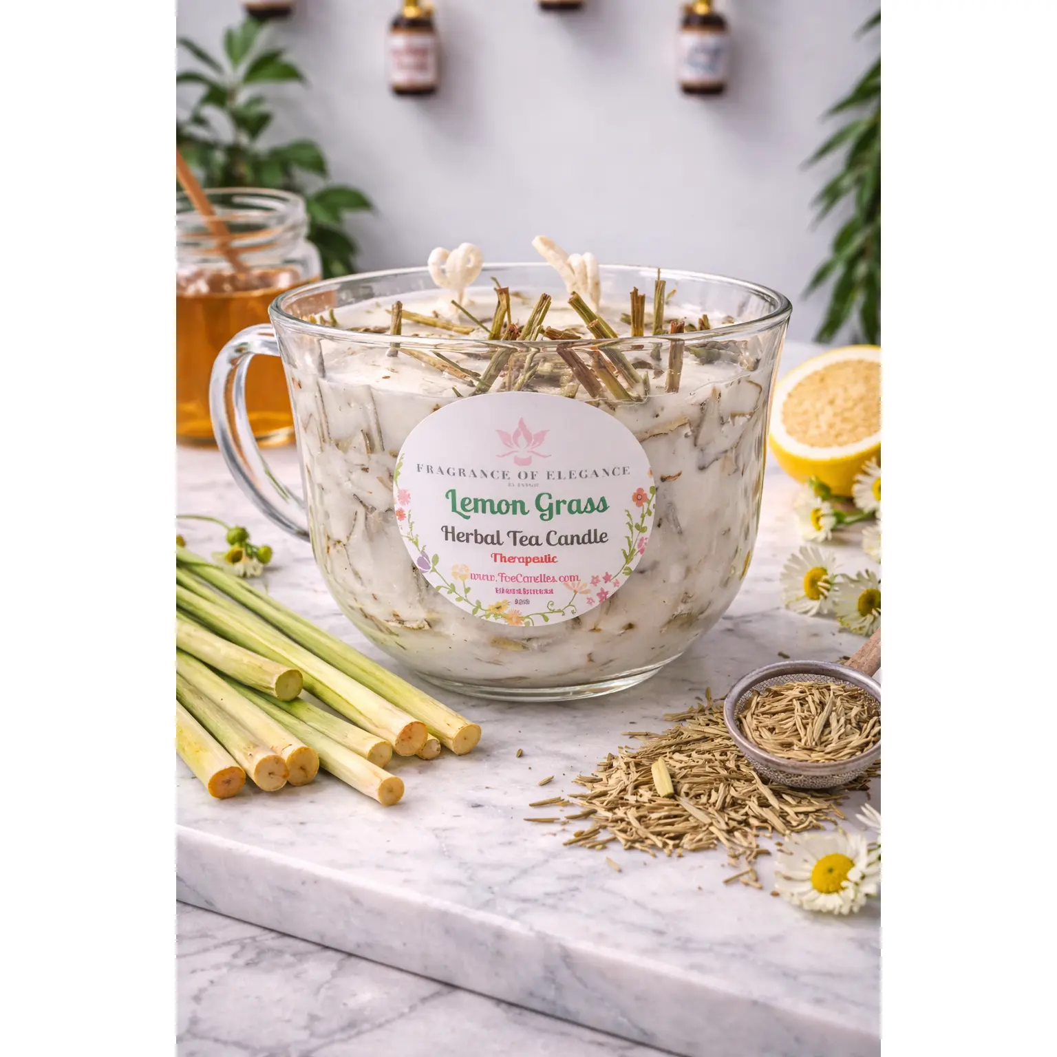 Lemongrass herbal candle made with essential oil 90 hour burn time 3 wick