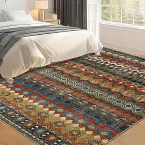 Washable Distressed Geometric Printed Hallway Rug Non-Slip Low Pile Area Rugs Foldable Non-Shedding Carpet Runner For Laundry Room Living Room Bedroom
