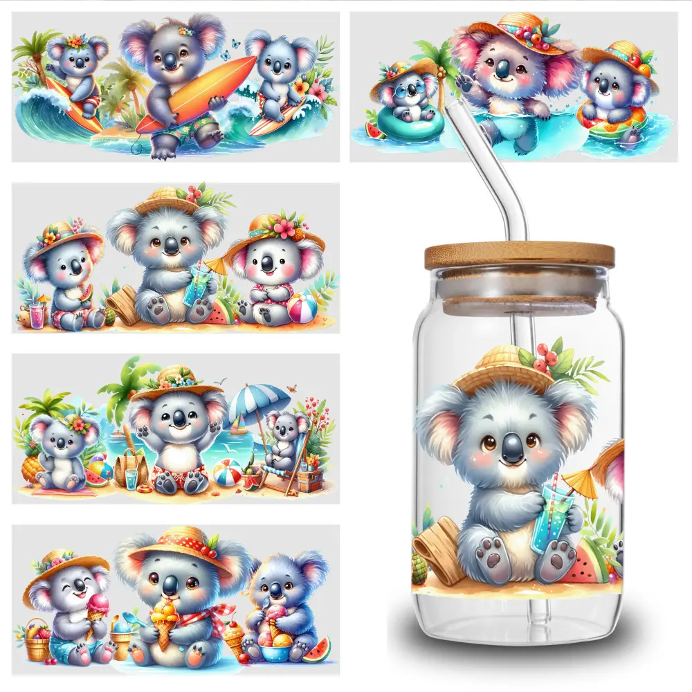 5 Pcs Cute Side-Eye Koala Plastic 3D Effect Waterproof UV DTF Transfer Decorative Stickers Sheet Pack - 9.4x4.3 in Self-Adhesive for 16 oz Tumbler, Mug DIY Home Decor Gifts