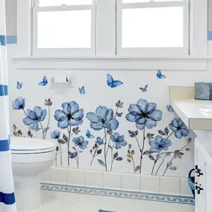A set of two (30*60cm*2pcs) new hand-painted blue floral and butterfly translucent art wall stickers for living room, bathroom, study room, spring decoration background wall stickers (M14116-ZW)