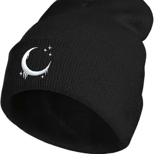 Warm Knitted Gothic Black Beanie with Sweet Romantic Crescent & Stars Embroidery Skull Cap Ideal Gift for Winter and Casual Wear Unisex