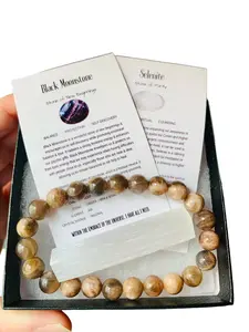 Crystal Black Moonstone 8 mm Round Bead Stretch Bracelet ~ Gift Set with Complimentary Selenite ~ Semi-Precious Gemstone ~ 7.25-7.50 Inches ~ Unisex ~ Reiki ~ Metaphysical ~ Meditation Crystals