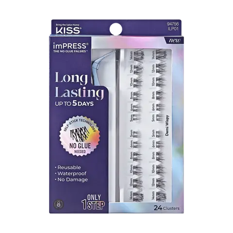 Impress Falsies Long Lasting Pre-Glued False Eyelashes Starter Kit - Demi Wispy | 24 Lash Clusters, With Applicator, Up To 5 Day Wear, 5mm-14mm