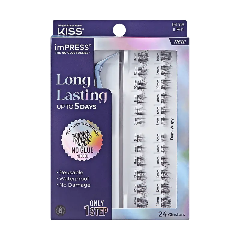 Impress Falsies Long Lasting Pre-Glued False Eyelashes Starter Kit - Demi Wispy | 24 Lash Clusters, With Applicator, Up To 5 Day Wear, 5mm-14mm