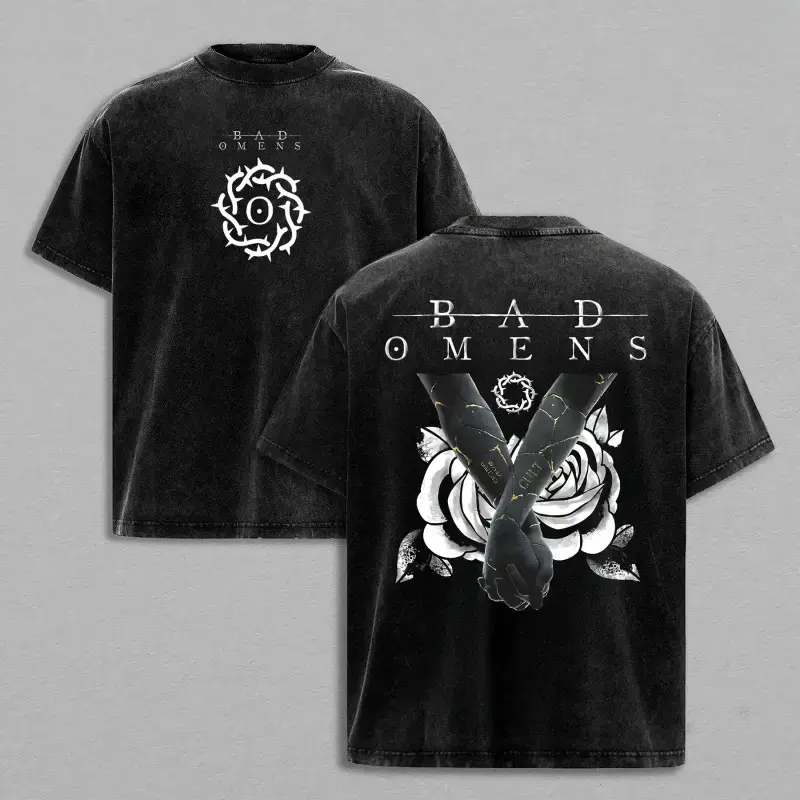 Bad Omens band T-shirt, washed and distressed vintage style, heavy cotton, loose fit, unisex, metalcore rock band T-shirt, vintage grunge 90s music streetwear top, alternative metal band tour merchandise, patterned T-shirt suitable for fans