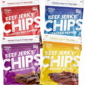 Wicked Cutz Jerky Chips Variety Pack, Up to 28g Protein Per Bag, Cracked Pepper, Teriyaki, Roasted Red Pepper, & Korean BBQ Flavored Beef Jerky Crisps, USA Made High Protein Carnivore Snacks (4 Bags)